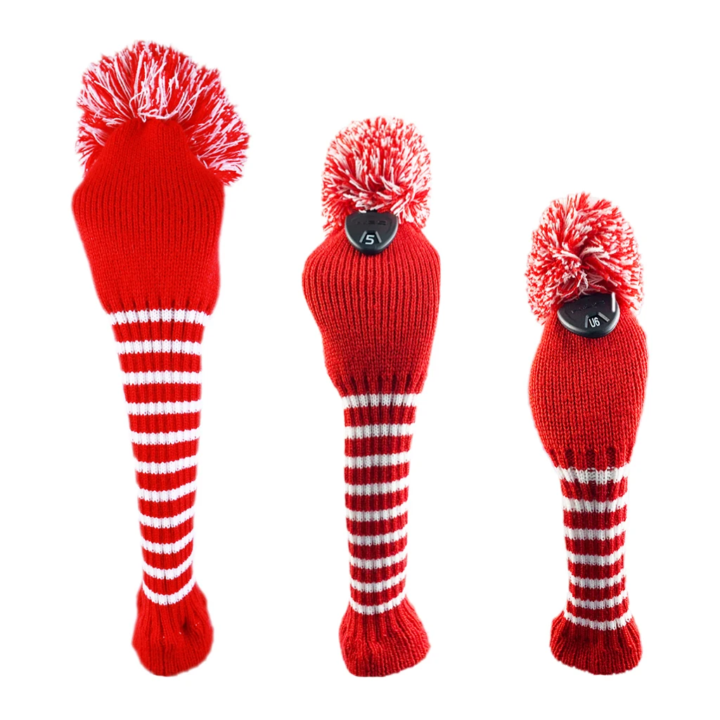 3pcs Golf Club Knit Headcover Set Pom Pom Sock Covers 1 3 UT Head Covers Set