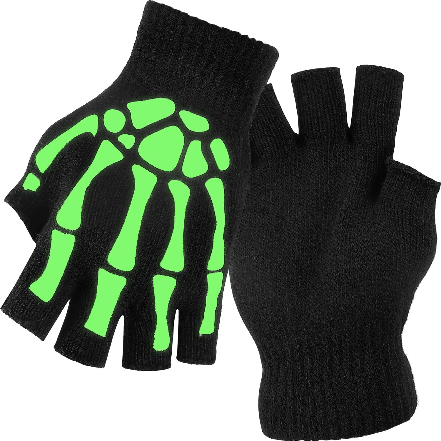 Unisex Adult Halloween Skeleton Skull Half Finger Gloves Glow In The Dark Fingerless Stretch Knitted Winter Mittens