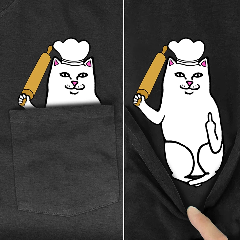 CLOOCL Black Cotton T-Shirt Brand Pocket Cute Cat Middle Finger 3D Printed Tshirt Casual Shirts Funny Cottons Tee Harajuku Tops