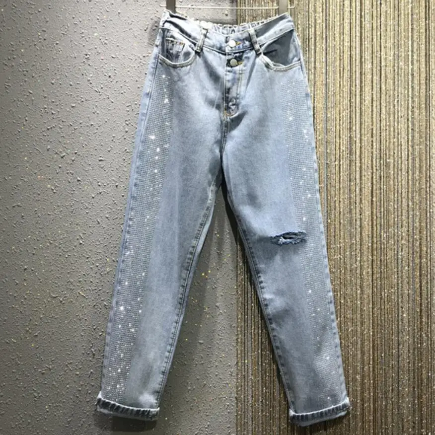 Pantalones vaqueros de marca de moda de estilo coreano para mujer, Jeans de cintura alta agujero falso con brillo Diamante, informales, sueltos hasta el tobillo - AliExpress Ropa mujer