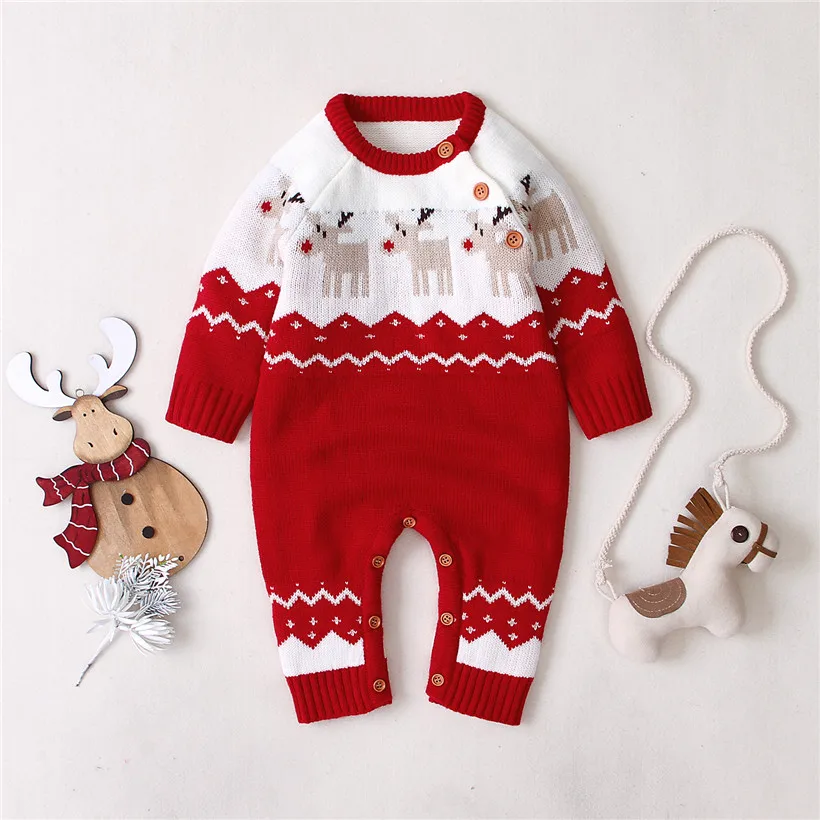 Рождественская одежда для малышей осенне-зимний вязаный детский комбинезон с оленем для новорожденных мальчиков, комбинезон для младенцев, хлопковый комбинезон для маленьких девочек - Цвет: Красный