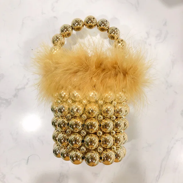 Luxury Design Mini Bucket Bag Pearl Beaded Women's Purse and Handbag Wedding Bridal Clutch Evening Bag Party Shoulder Bag gold