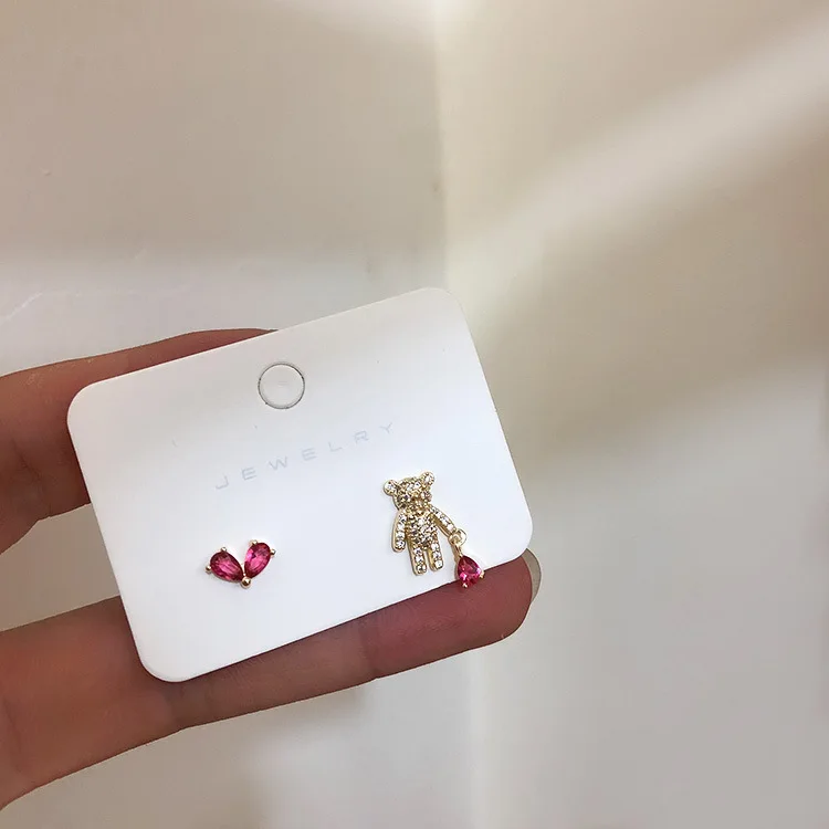 S925 Серебряные корейские серьги-гвоздики для женщин Милые Девушки Сердце Кристалл Циркон Любовь медведь маленькие серьги шпильки Свадебные Ювелирные изделия Подарки