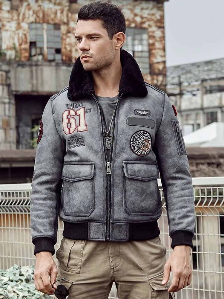 Denny&Dora New Mens Sheepskin Shearling Jacket Grey Leather