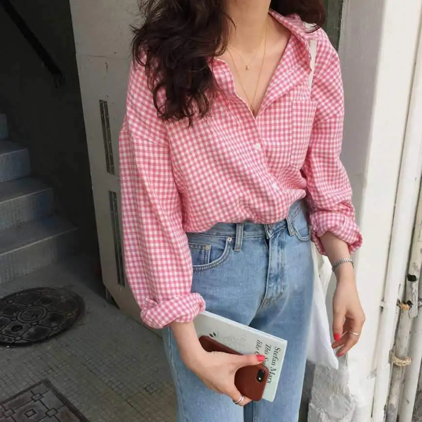 new-2020-women-spring-summer-blouse-shirts-plaid-fashionable-single-breasted-casual-loose-wild-sweet-pink-tops