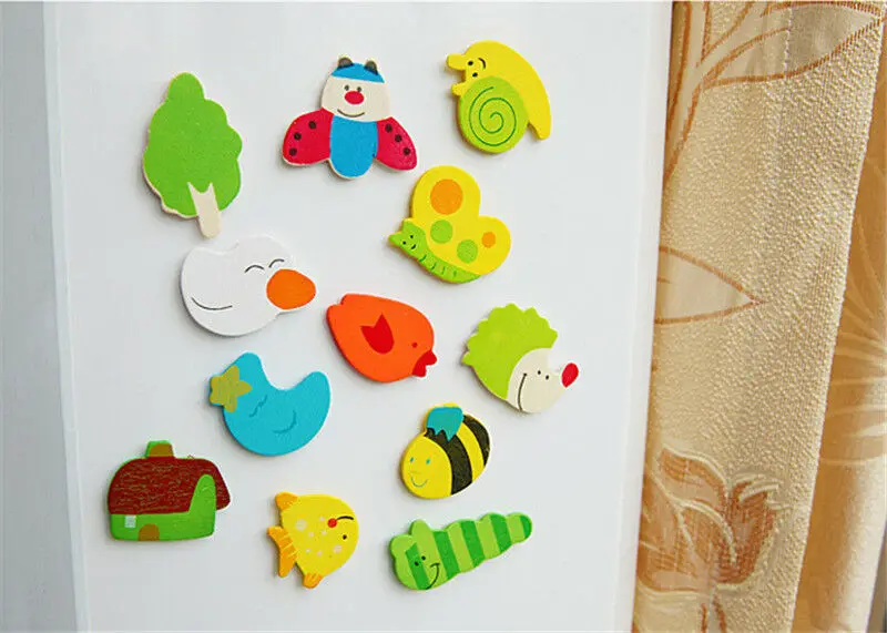 12pcs Wooden Fridge Magnet Cartoon Baby Educational Kids Toy Gift Kitchen Supply 