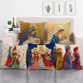 

Religious Series Linen Cushion Cover The Virgin and Child Religion Decorative Pillowcase for Sofa Couch Living Room Decor