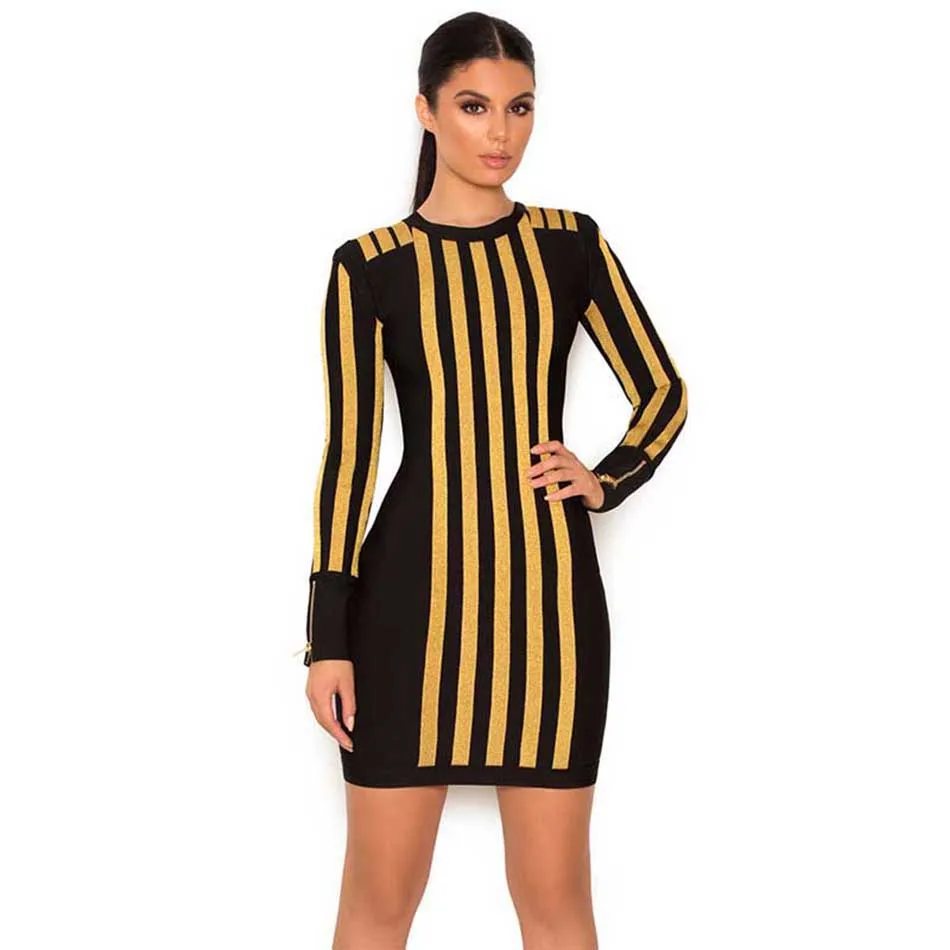 Women-Runway-Dresses-2017-spring-Black-O-Neck-Gold-fleeve-Sexy-Bodycon-Celebrity