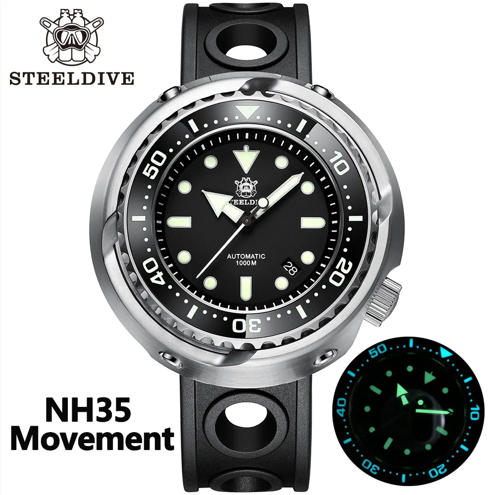 

STEELDIVE Black Big Tuna Dive Watch C3 Luminous Automatic Watch Man Mechanical Watch NH35 1000M Diver Watches Sapphire Crystal