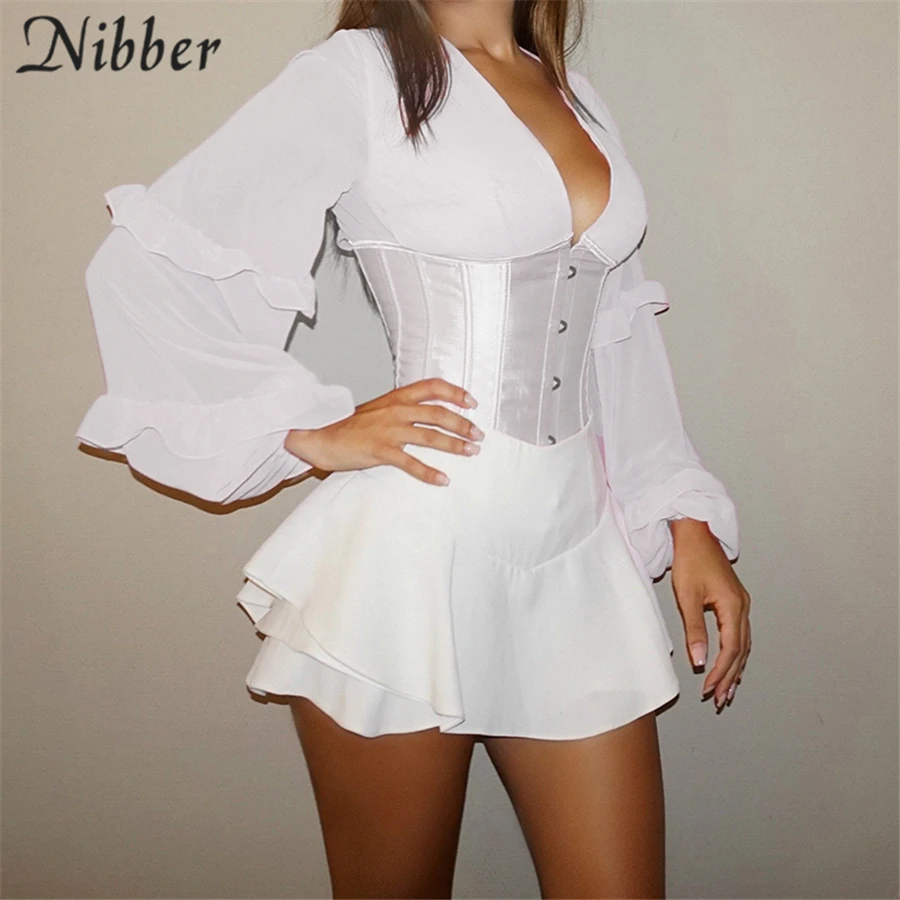 Nibber Corset Patchwork Lantern Sleeve Design T-Shirt For Women Tops 2021 Spring Autumn Elegant Bandage Halter Design Top Female Nibber Corset Patchwork Lantern Sleeve Design T-Shirt For Women Tops 2021 Spring Autumn Elegant Bandage Halter Design Top Female