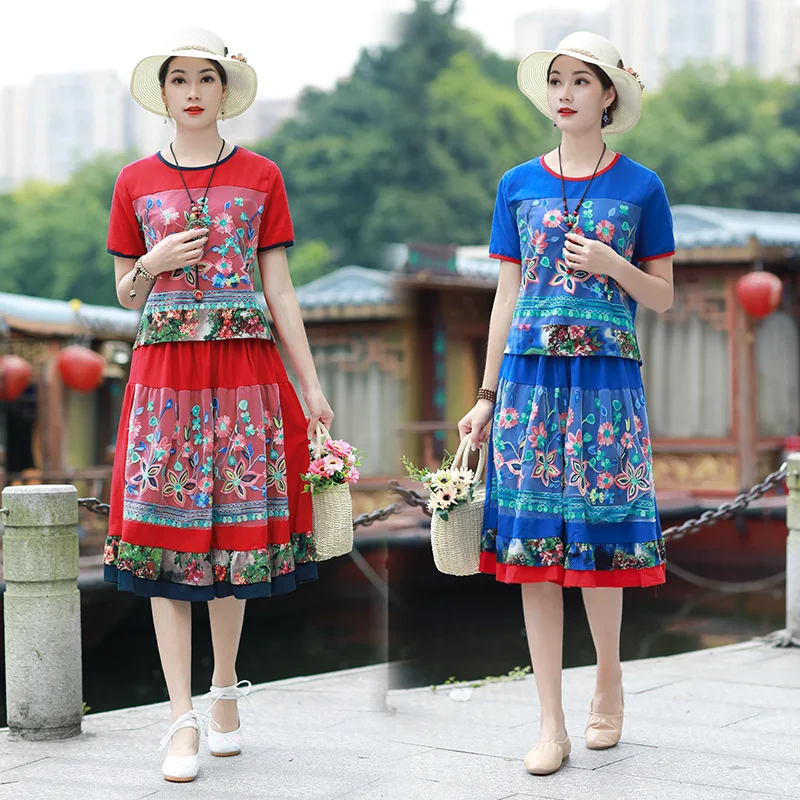 

Photo Shoot National Wind Retro Cotton Linen Gauze Embroidered Joint Short Sleeve T-shirt Tops Gauze Embroidery Skirt Set