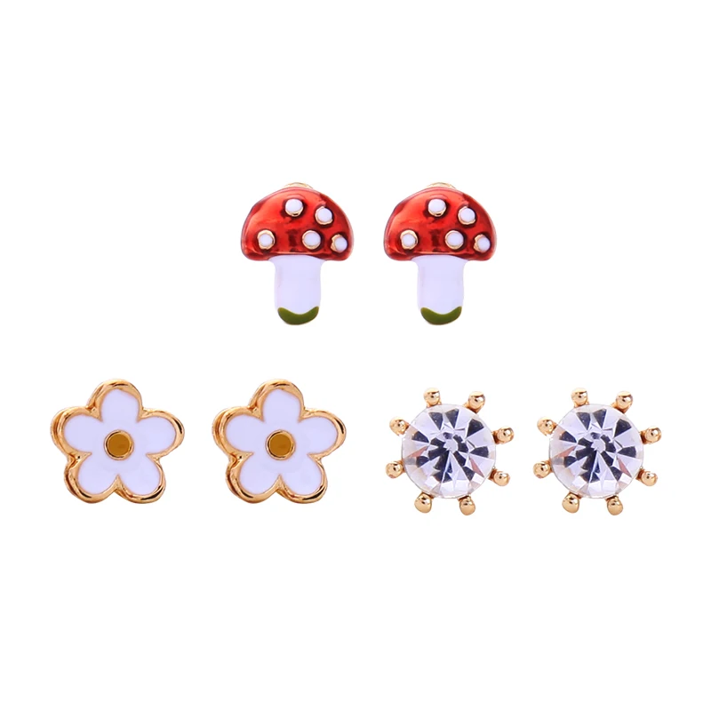 

kissme Three Pairs One Set Delicate Enamel Little Flowers Mushroom Crystal Stud Earrings For Women Gold Color Fashion Jewelry