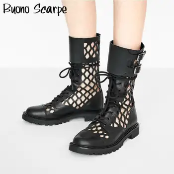 

Ankle Strappy Buckle Ankle Boots Women Genuine Leather Runway Shoes Black Motorcycle Summer Hollow Out Chelsea Boots Designer