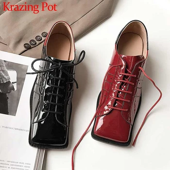 

Krazing pot Internet popular high fashion cow leather shoes square toe med heels lace up women streetwear mixed colors pumps L05