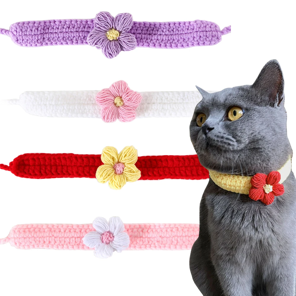 

Cat Collar with Flower Cute Knitted Kitten Collars Cute Charm Handmade Adjustable Safety for Kitty Pets Cats Puppy