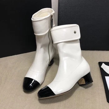 

Brand Design Women Boots Patchwork Round Toe Boots Autumn Winter Zip Leather Shoes 4.5cm