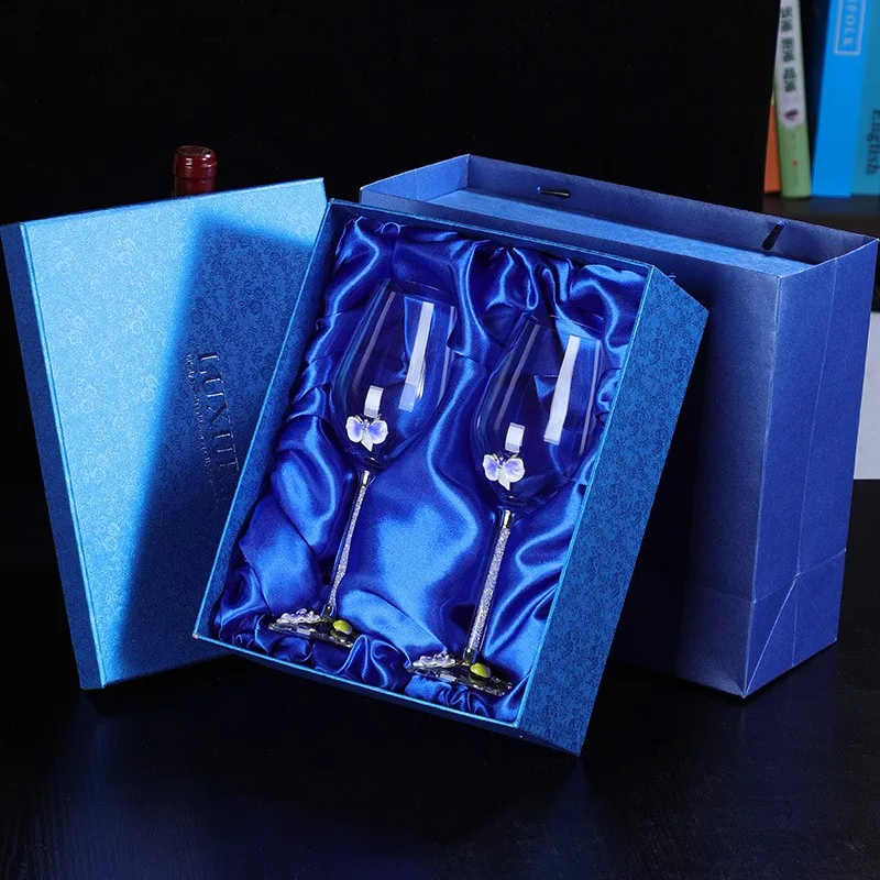 a pair With gift box Лилия Эмаль Кристалл чашка красное вино стекло высокого класса творческий комплект бокалов алмаз свадебный подарок Вечеринка день рождения банкет поставки - Color: a pair With gift box