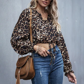 

Women Tshirts Blusas V-neck Leopard Print Blouse Long Sleeve Lace Up Vintage Ruffle Blouses Autumn Female Tops Sexy Streetwear