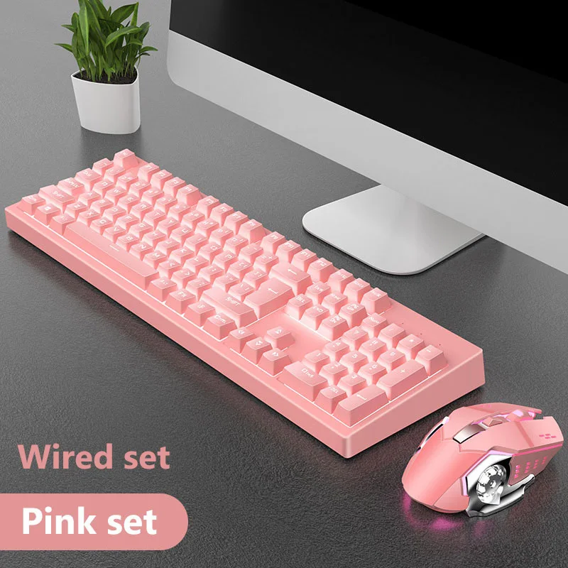 Pink Set USB Проводная игровая клавиатура с подсветкой и мышь 104 брелки механическая клавиатура с ощущением игровая мышь для ноутбука PC компьютерный геймер - Цвет: Pink Set