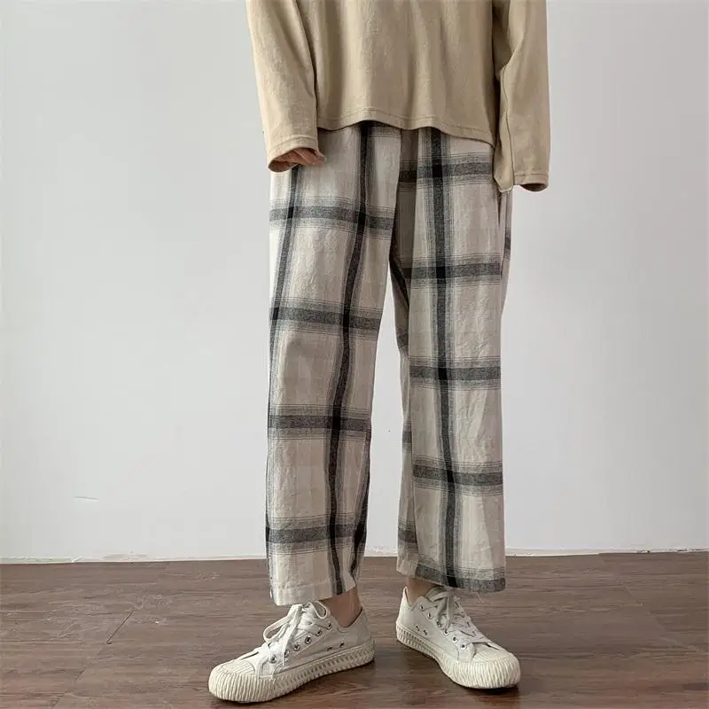 

HOUZHOU 2020 Plaid Pants Women Harajuku Cotton Linen Checkered Pants for Women Summer New Palazzo Pants Jokers Trousers Women