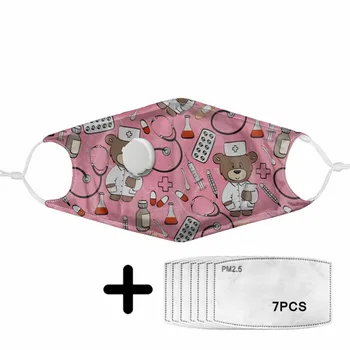 

Pink Mask with Kawaii Bear Pattern Print Washable Elastic Face Protection Breathing Valve Masks and PM2.5 Filters Non-disposable