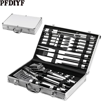 

26Pcs Stainless Steel BBQ Tools Set Barbecue Grilling Utensil Accessories Kit Camping Outdoor Cooking Tools with Aluminum Box