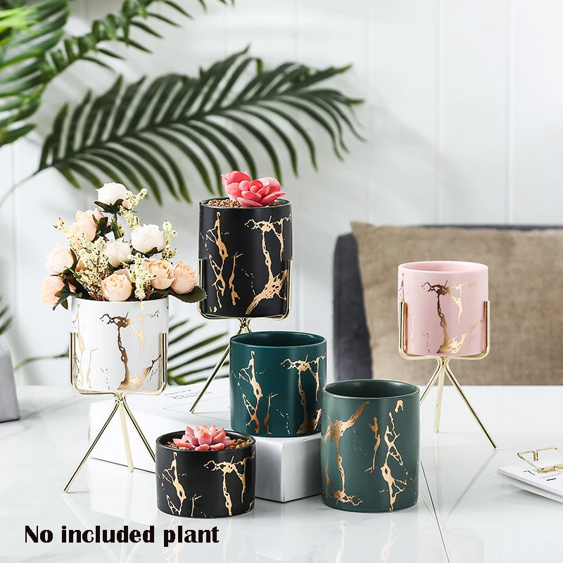 

Nordic Style Home Office Golden Marbling Flower Pot Iron Ceramic Pot Makeup Pen Container Set Vases for Decoration