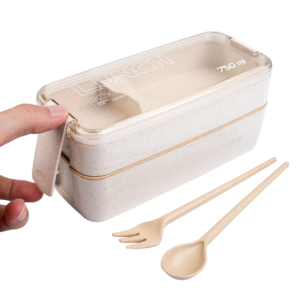 Ланч-бокс для микроволновки пшеничной соломы столовая посуда контейнер для хранения еды Детский Школьный для детей офис Портативный Bento коробка с двойным дном
