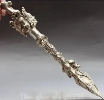 

14" Chinese Tibet Silver Mahakala Buddha Head Phurpa Talismans Dagge FaQi Statue