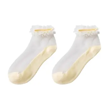 

Women Girls Summer Ultra-Thin Low Cut Boat Socks Transparent Glass Crystal Ruffles Floral Lace Patchwork Candy Color Short Hosie