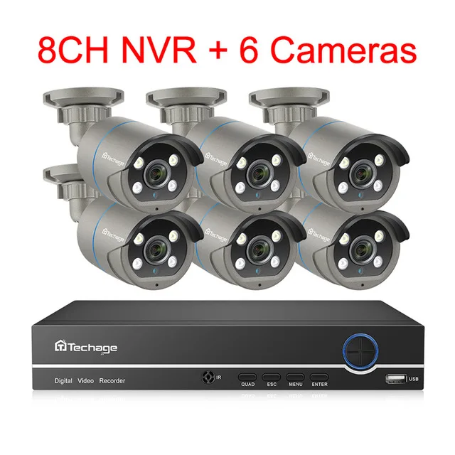 Techage 8CH 48V H.265 POE NVR AI CCTV Камера Системы 2-полосная аудио звуковой динамик запись Водонепроницаемый камера наружного видеонаблюдения комплект - Цвет: 8CH NVR 6 Cameras