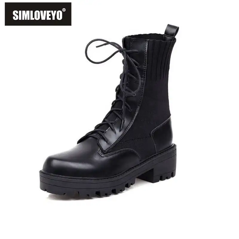 

SIMLOVEYO Women Ankle Boots Plush Cross-tied Faux Leather Wool Patchwork Boots Motorcycle Square Heel Round Toe Platform Size 43