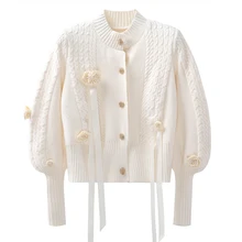 

Autumn Winter New Apricot Short Knit Sweater Women's Three-dimensional Rose Flower Knitted Cardigan Long-sleeved All-match Top
