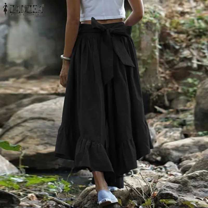 ZANZEA Summer High Waist Flare Trousers Bohemian Ruffles Hem Pants Women Wide Leg Pantalon Casual Lace Up Flounce Palazzo 5XL