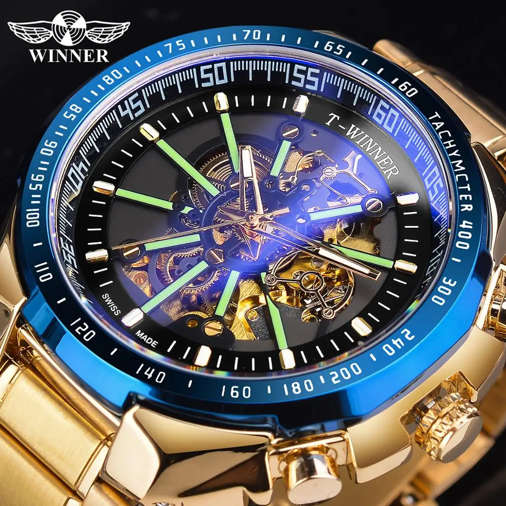 

Fashion Winner Blue Light Glass New Mens Watches Black Golden Full Stainless Steel Waterproof Sport Automatic Luminous Clocks