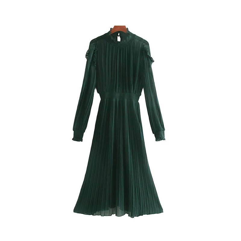 Винтажное шикарное Плиссированное прозрачное шифоновое платье миди с оборками для женщин модные женские платья с длинным рукавом и эластичной талией Vestidos - Цвет: as picture