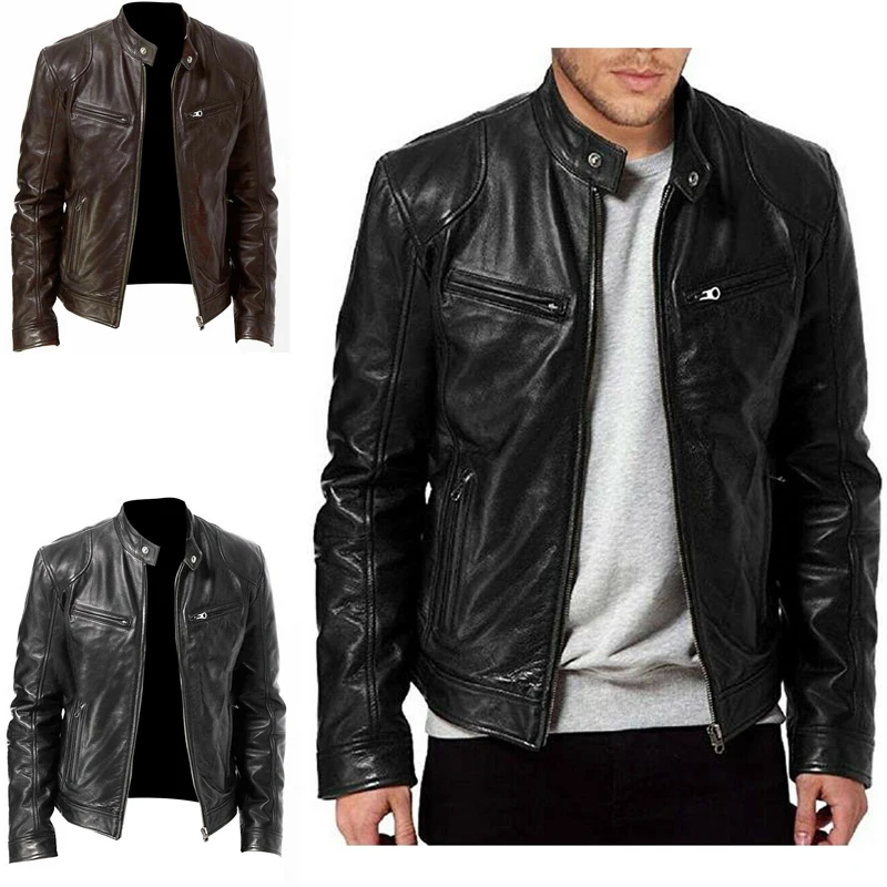 Winter Warm Genuine Black&Brown Leather Jacket Fashion Men Slim Fit Biker Motorcycle Stand Collar Slim Zip Jacket