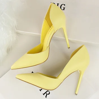 

2020 Summer Women 10cm High Heels Leather Stripper Pumps Female Escarpins Elegant Sweet Yellow Pink Shoes Stiletto Cheap Heels