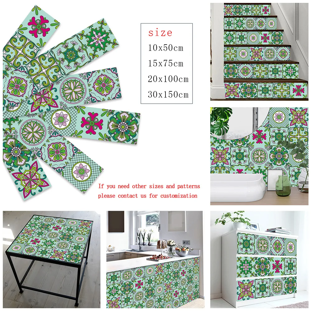 Green Color Strip Floral Ornament Ceramic Tiles Wall Sticker Kitchen Wardrobe Drawer Stairs Decoration Wallpaper Art Decals | Дом и сад