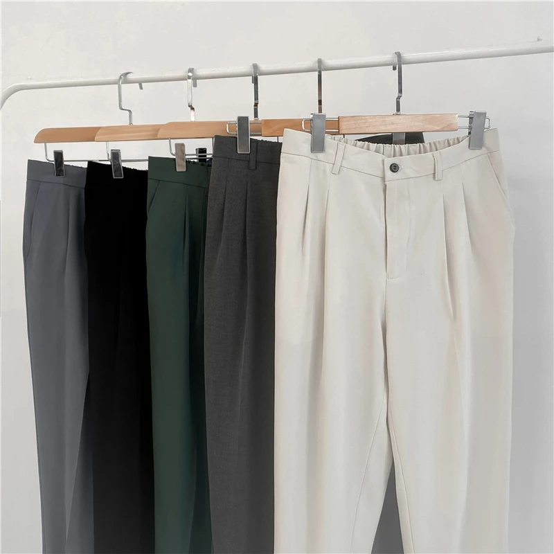 Men dress pants: summer fashion men's pants elastic waist ankle length casual suit pant Korean style regular fit solid luxury trousers beige blue