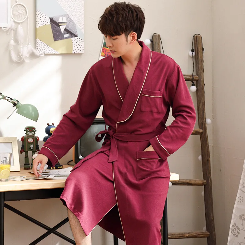 

Spring And Autumn Men Nightrobe Long Sleeve Pure Cotton Pajamas Winter Thin One-piece Plus-sized Long Bathrobe Cotton Tracksuit