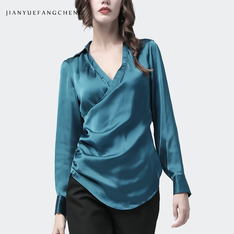 

Long Sleeve Soft Satin Blouse 2019 Autumn Solid Color Women Top Sexy V-Neck Crossed Design Large Size Lady Office Casual Blouses