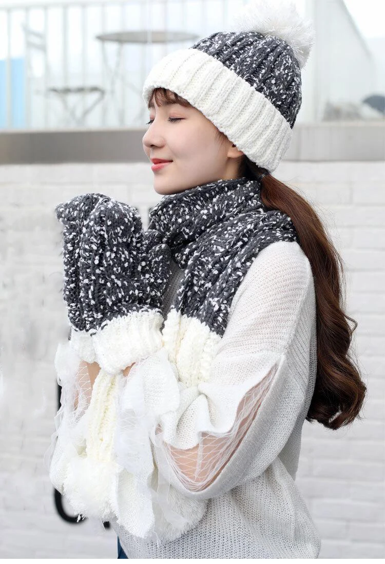 Женские зимние облегающие шапки бини теплые вязаные шапки шапка Снежинка перчатки и шарф Зимний комплект