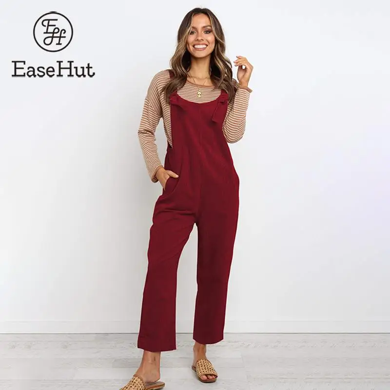 

EaseHut Large Sizre Fashion Women Autumn Jumpsuit Strappy Tie-Shoulder Bib Overalls Casual Loose Sleeveless Rompers Playsuit