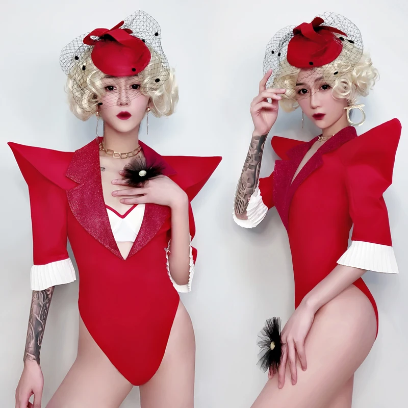 Red Bodysuit Women High fork Европа и США Атмосфера Ds Sexy Dance Одежда Ночной клуб | Отзывы и видеообзор -4000333746304