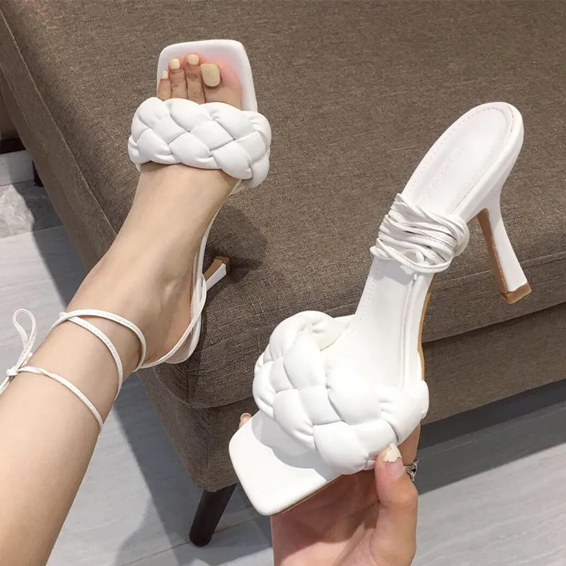 Womens Sandals Strappy Heels Fashion Leather Shoe Narrow Band Sexy High Heels Sandals 2021 Summer Shoes Weave Square Toe Sandal