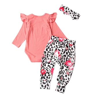

Baby's Girls Clothes Sets Three Piece Cotton Solid Color Long Sleeve Leopard Trousers Girls Set