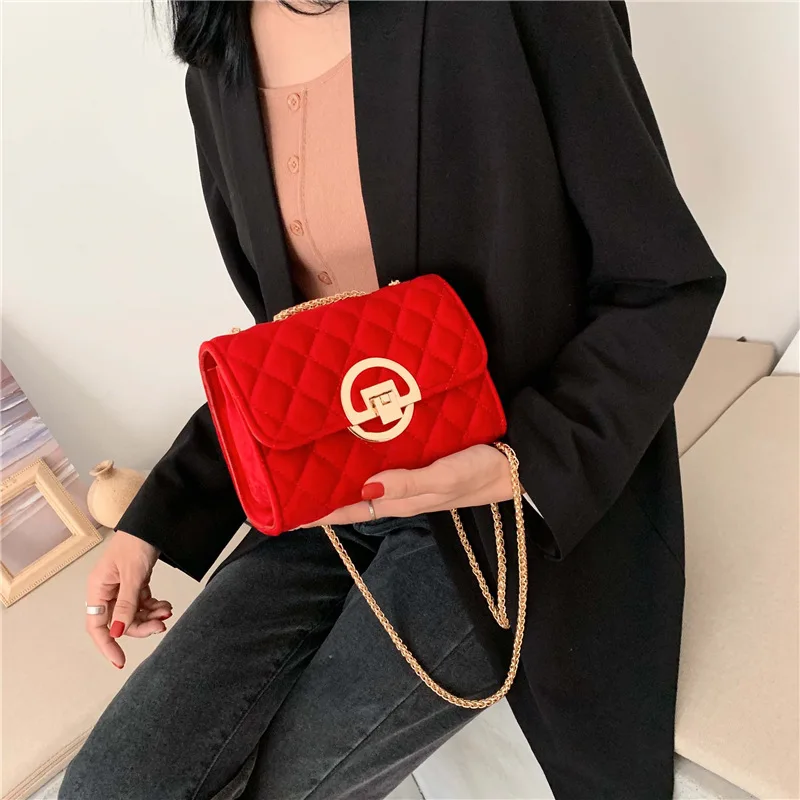 

CHIC Bag Women's 2019 Autumn And Winter New Style Rhombus Chain Bag Mini Lock Velvet Shoulder Bag