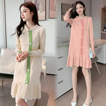 

1936# Autumn Winter Knitted Maternity Nursing Long Sweaters Elegant Feeding Dress Clothes for Pregnant Women Loose Pregnancy
