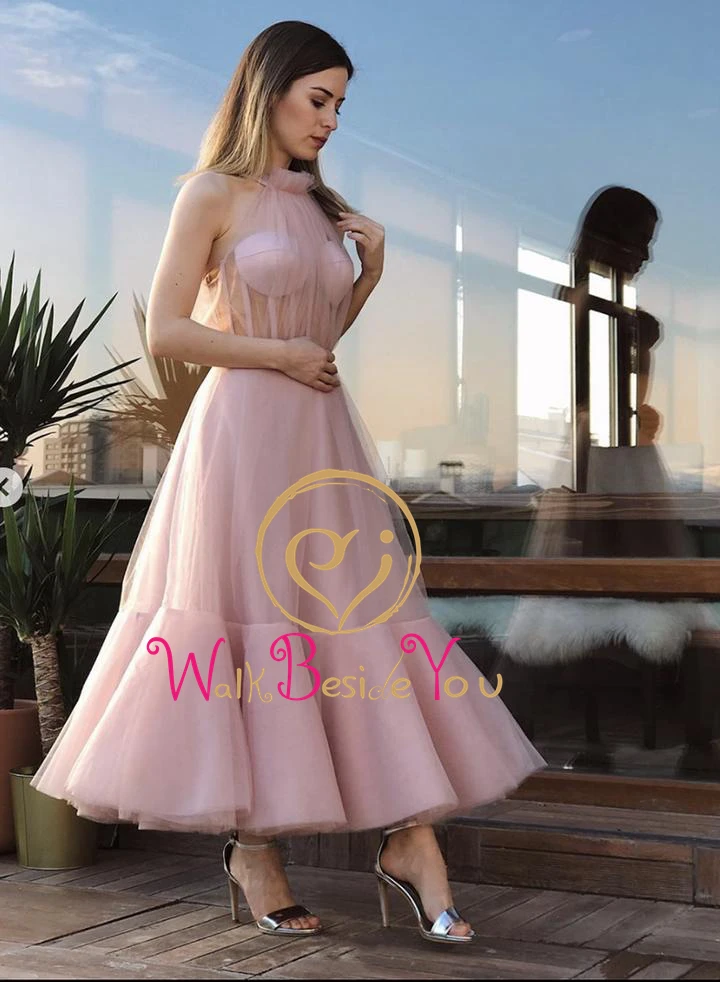 Elegant Prom Dressses Pink Tulle Ankle Length High Neck Illusion Sleeveless A Line Evening Gown vestido de graduacion largo